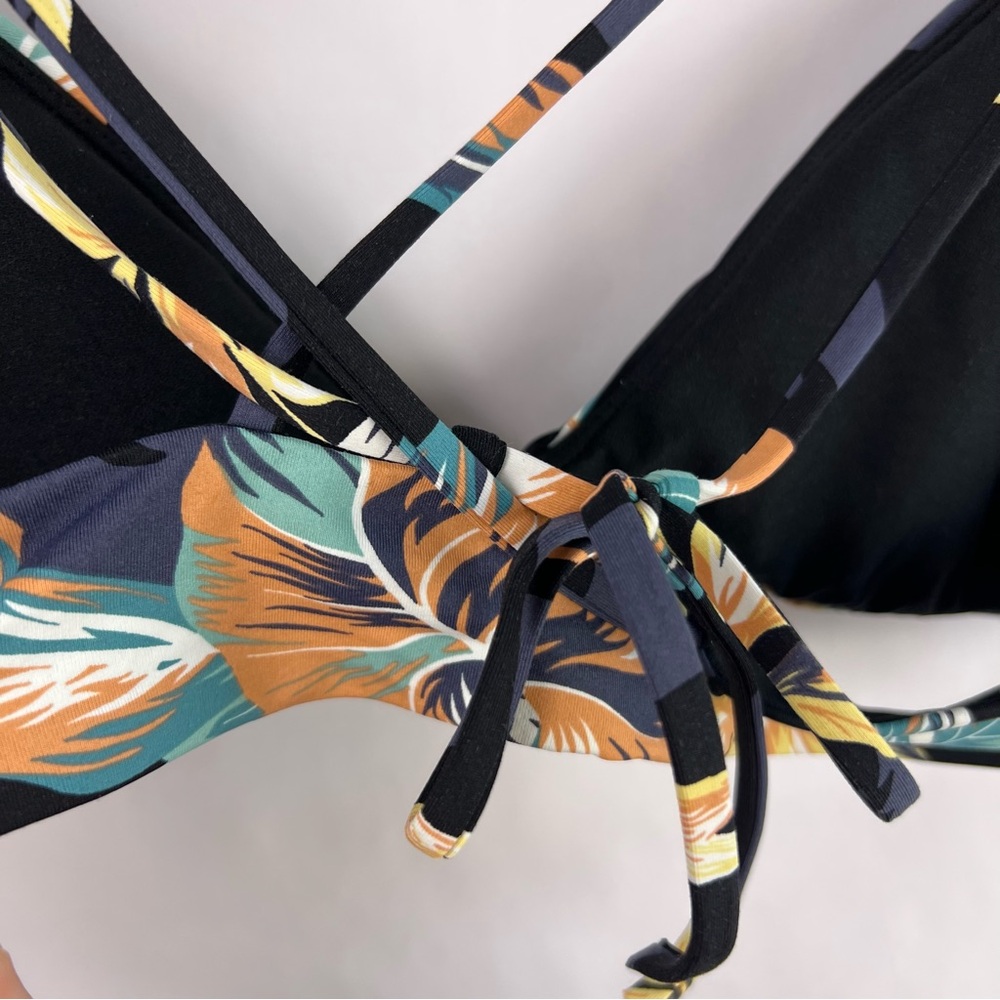 Roxy Garden Surf Bikini Top Black Tropical Floral Crisscross Swimwear L - Picture 7 of 9
